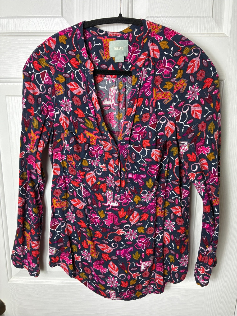 Maeve Navy V-Neck Long Sleeve Critter Floral Blouse - Pink & Red Accents
